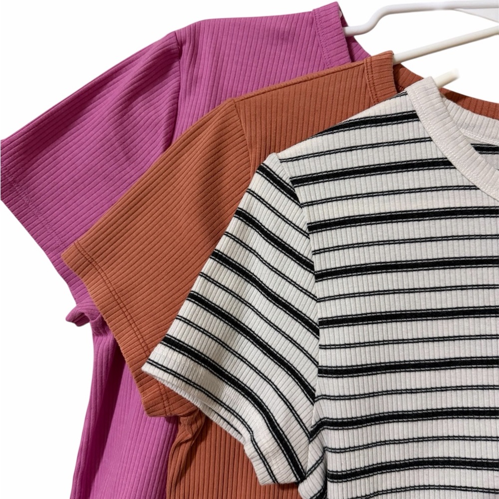 Striped Ribbed Tee Trio - Pink, Rust, Black/White